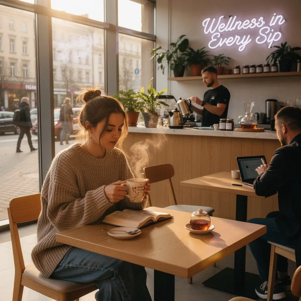 Šviežiai paruošta reiši arbata puodelyje, garuojanti ir kvapni.