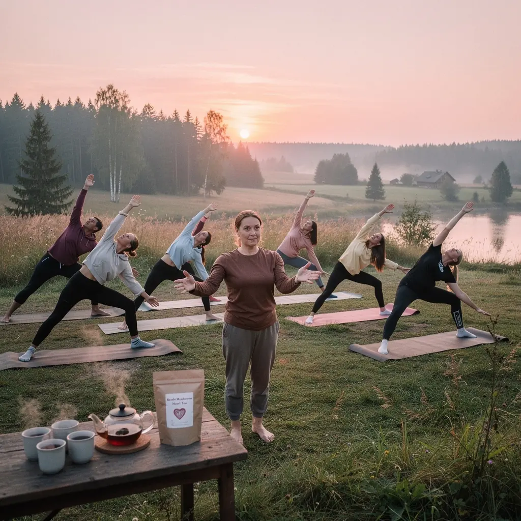 Natūralūs ingredientai, iš kurių pagaminta reiši grybų arbata, išdėstyti ant stalo.