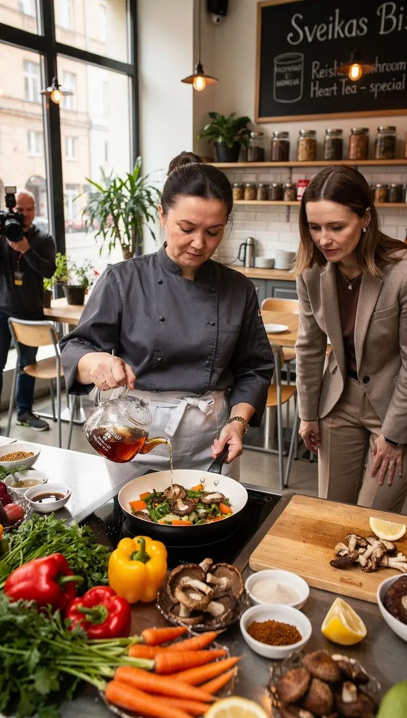 Arbatos gaminimo procesas, parodantis, kaip paruošti reiši grybų gėrimą.