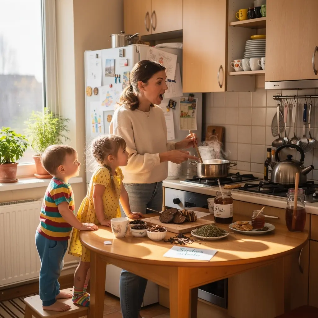 Grybų ir žolelių mišinys, paruoštas šiltame puodelyje, su garuojančia aroma.