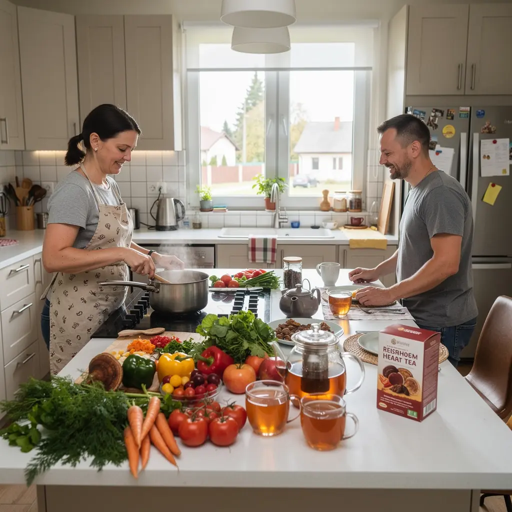 Žaliosios arbatos lapai ir reiši grybas, demonstruojantys natūralius ingredientus.
