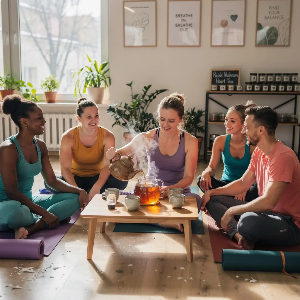 Grybų arbatos paruošimo procesas, rodantis šviežius ingredientus ir įrankius.