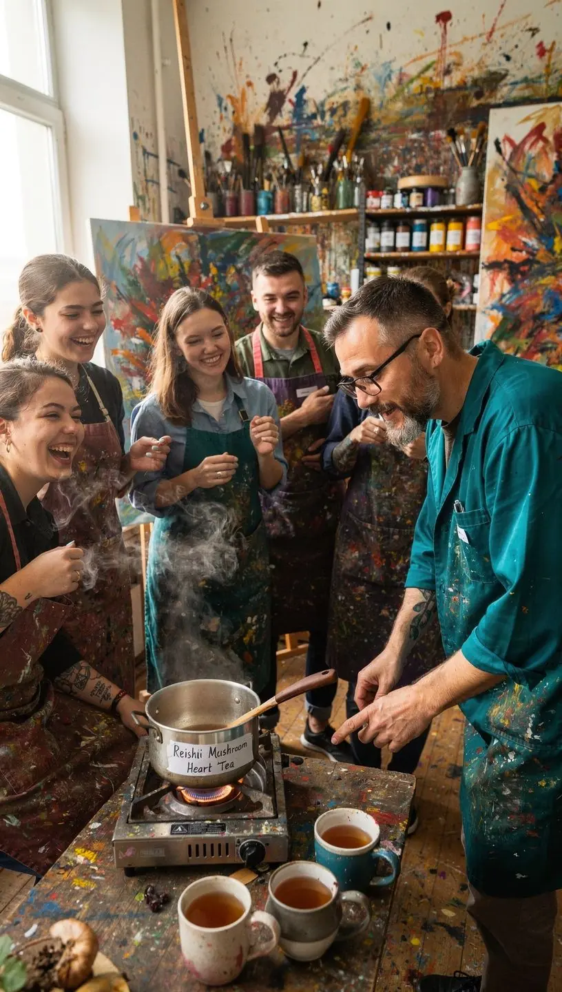 Natūralūs reiši grybai, šalia šviežių žolelių, pabrėžiantys sveikatingumo naudą.