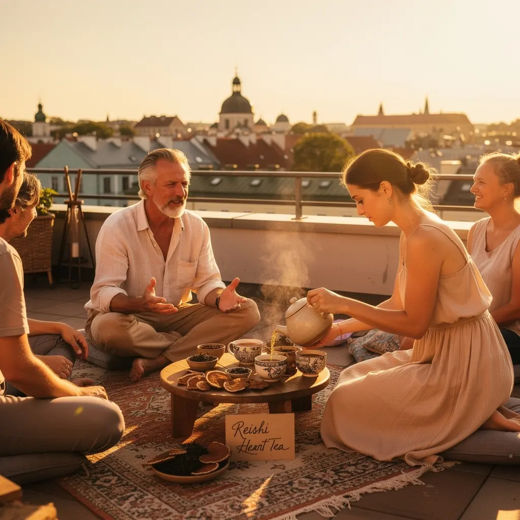 Reiši grybų arbatos paketėlis su širdies simboliu.