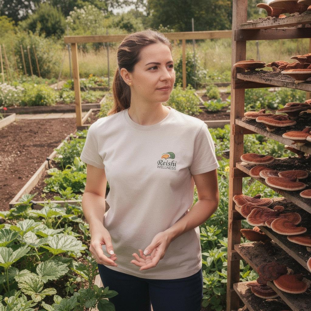 Reiši grybų arbatos sudedamųjų dalių artimas planas, pabrėžiantis jų naudą.