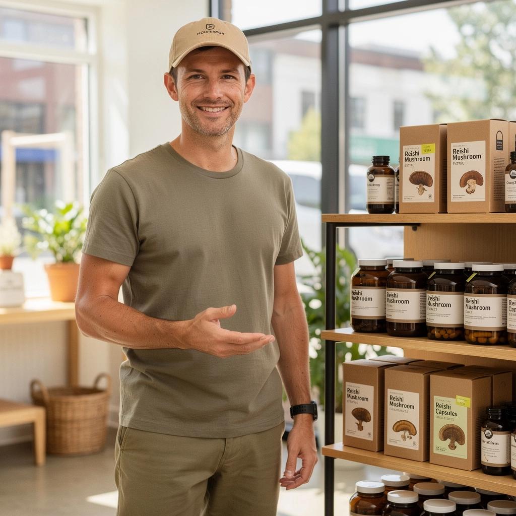 Žaliosios arbatos lapai ir reiši grybas, demonstruojantys natūralumą ir šviežumą.